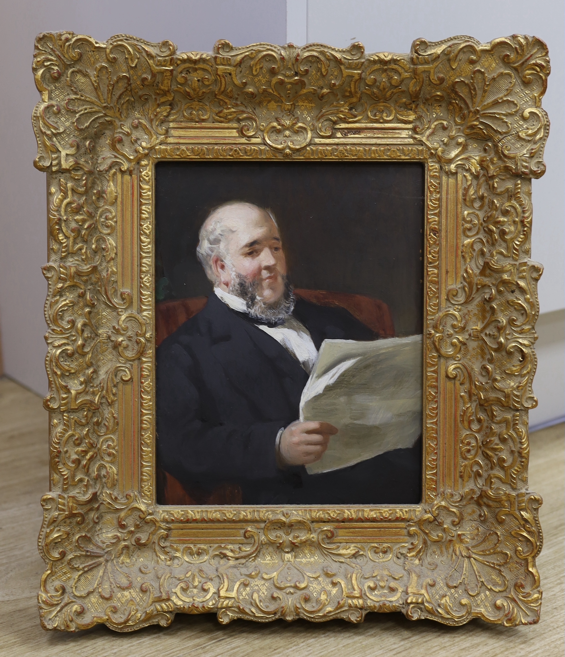 English School, oil on board, Gentleman reading a newspaper, 24 x 19cm